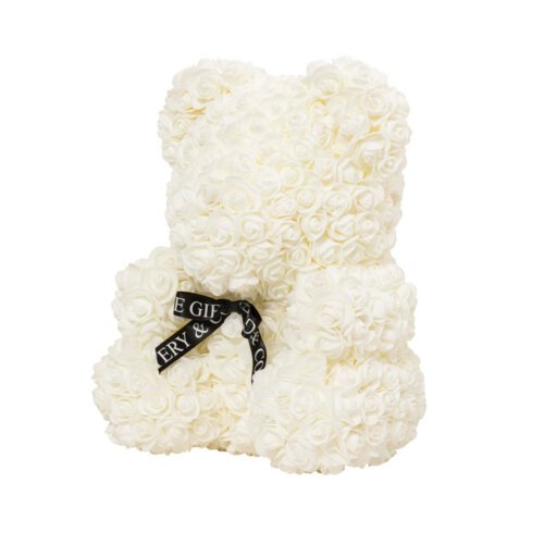 40cm white rose teddy bear side view