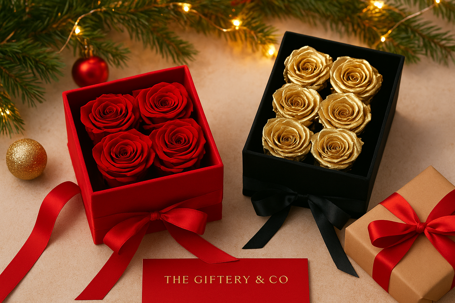 Christmas eternal roses in luxury gift boxes by The Giftery & Co