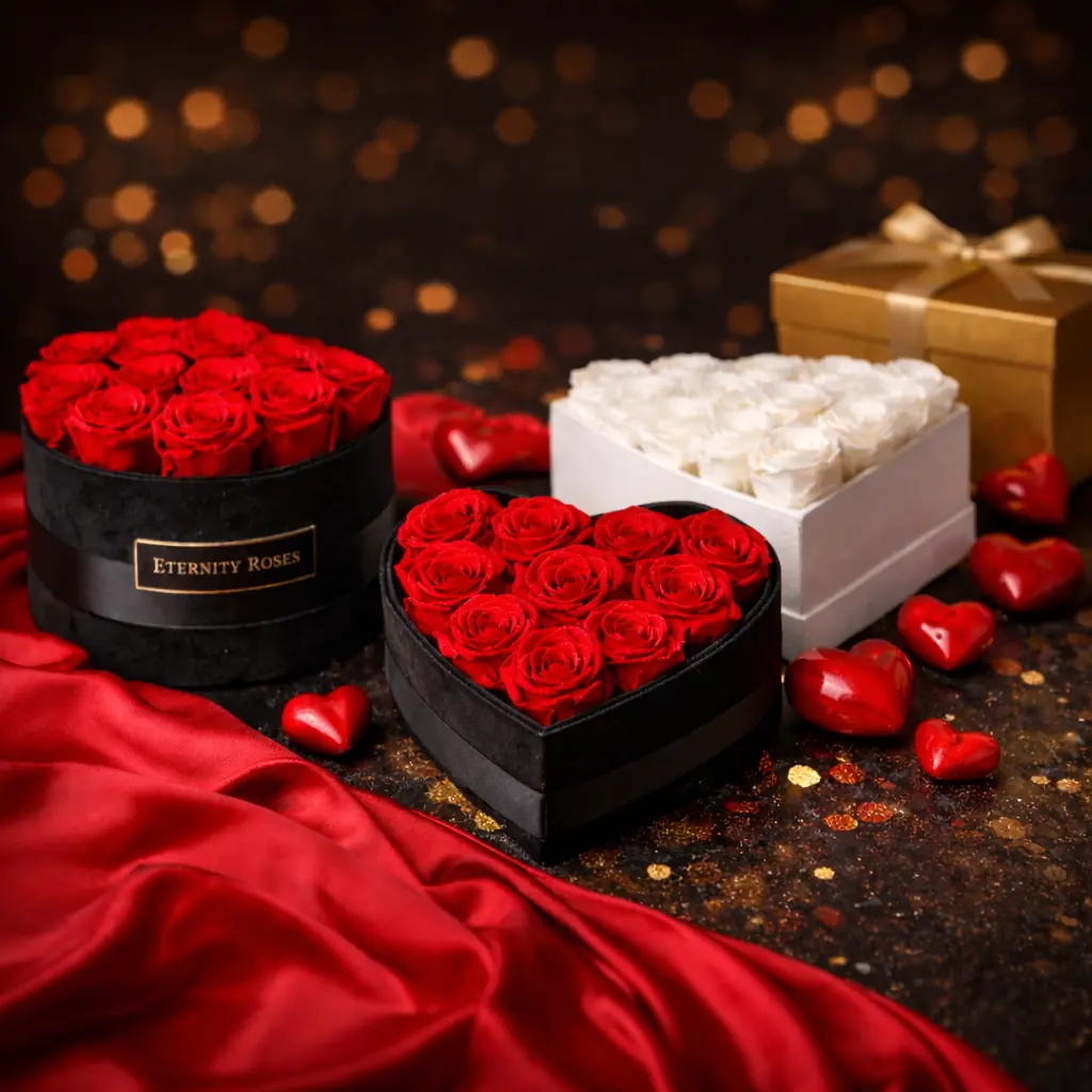 Luxury Valentine’s Day eternity roses in elegant rose boxes – preserved roses that last forever